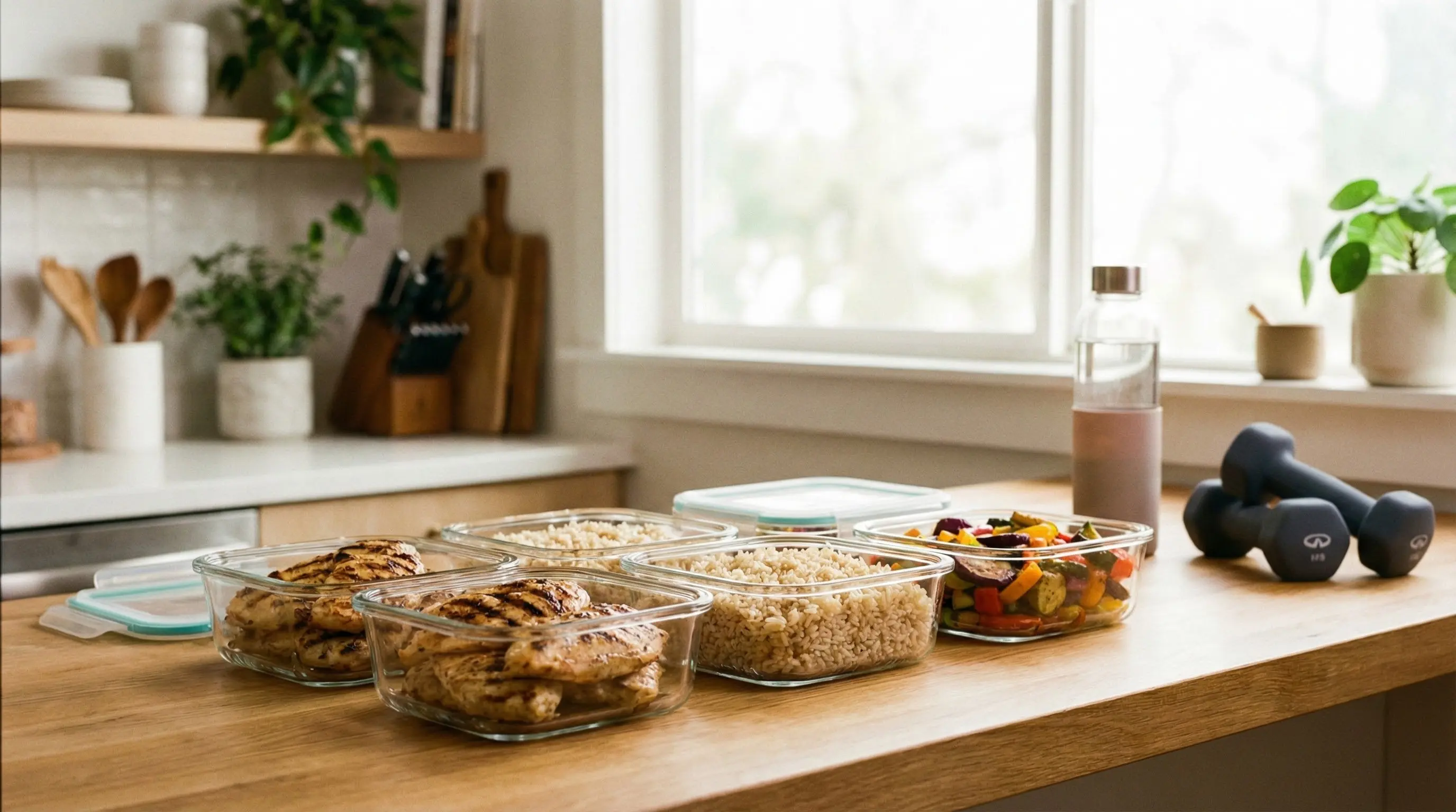 Sunday meal prep flat-lay with portioned containers and weekly plan