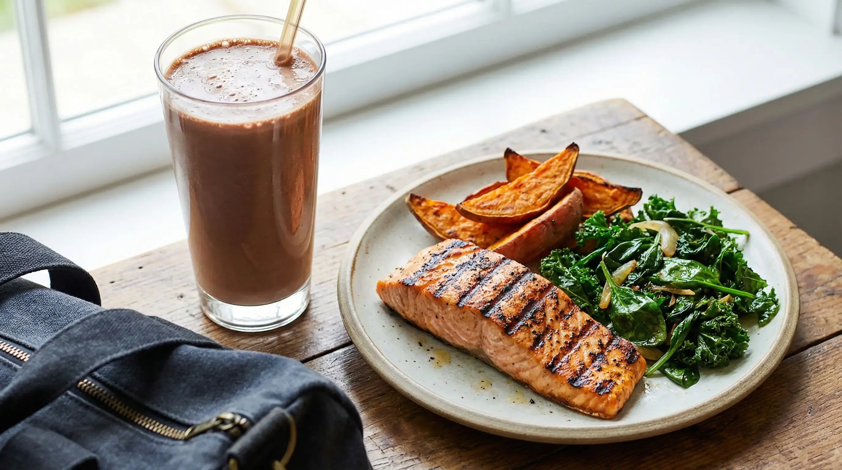 Post-workout meal with protein shake and salmon